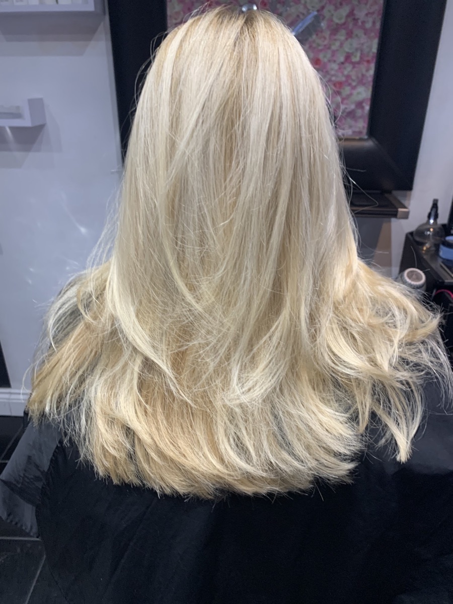 A freshly finished blonde balayage blow-dry at Hairelite, Plaistow