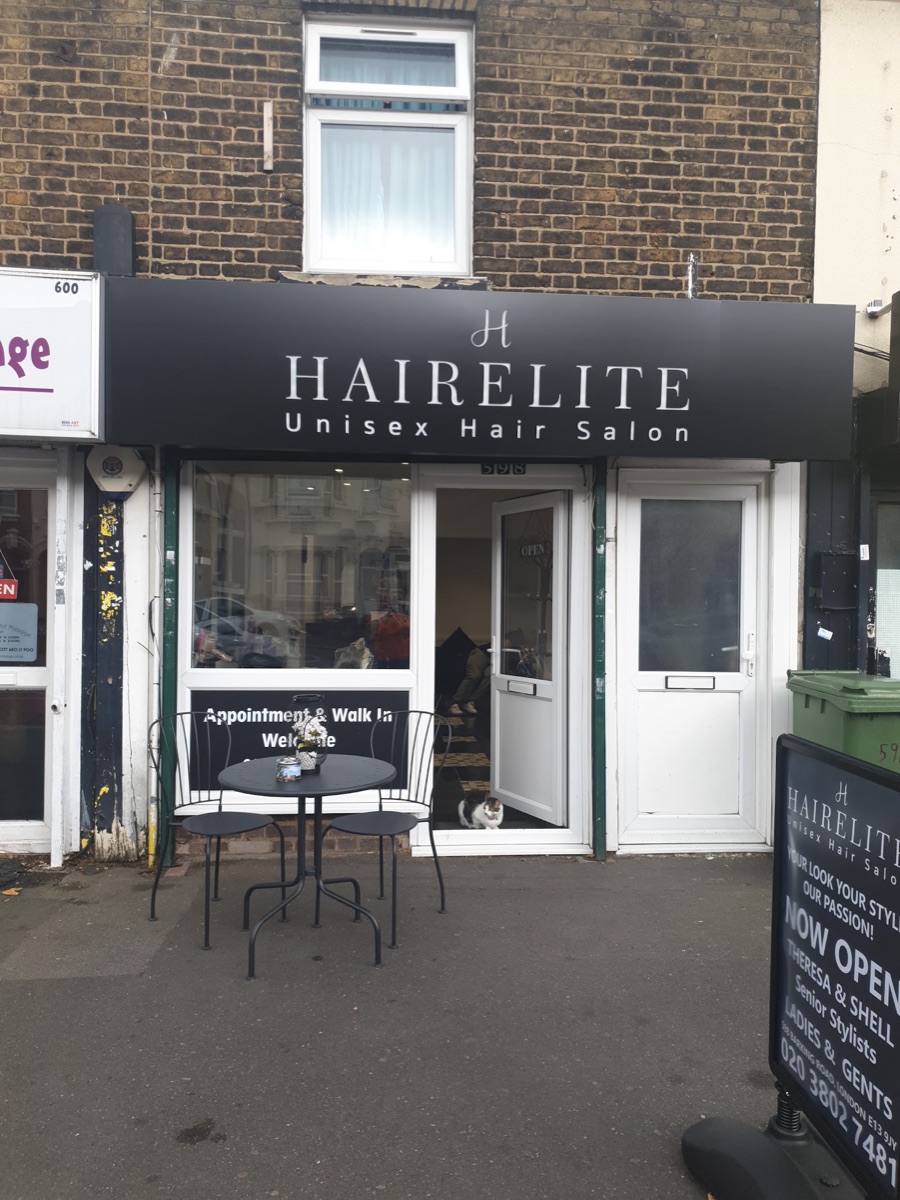 The Hairelite unisex hair salon shopfront at 598 Barking Road, Plaistow E13